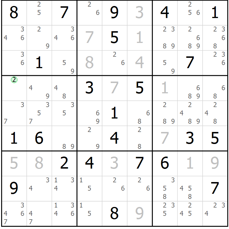 Position des candidats pour la solution de la Gr 82 page 85 du magazine de sudoku Maestro n° 102