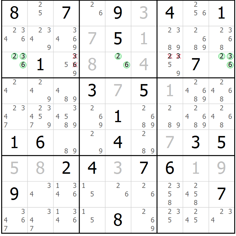 Position des candidats pour la solution de la Gr 82 page 85 du magazine de sudoku Maestro n° 102