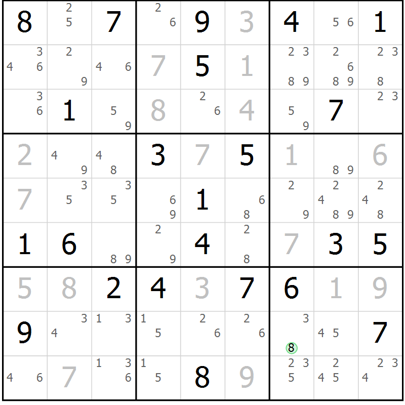 Position des candidats pour la solution de la Gr 82 page 85 du magazine de sudoku Maestro n° 102