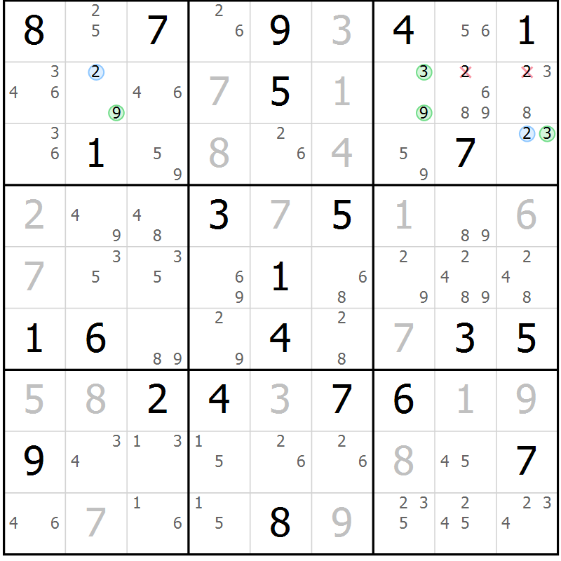 Position des candidats pour la solution de la Gr 82 page 85 du magazine de sudoku Maestro n° 102