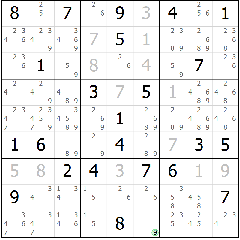 Position des candidats pour la solution de la Gr 82 page 85 du magazine de sudoku Maestro n° 102