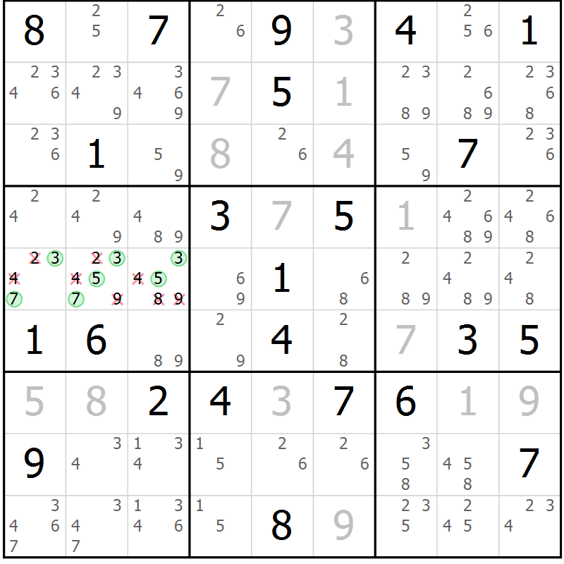 Position des candidats pour la solution de la Gr 82 page 85 du magazine de sudoku Maestro n° 102