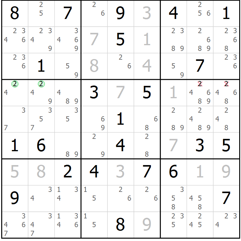 Position des candidats pour la solution de la Gr 82 page 85 du magazine de sudoku Maestro n° 102
