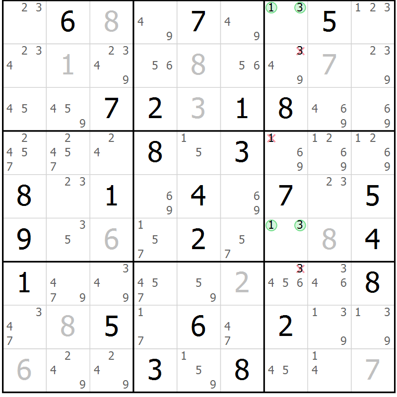 Position des candidats pour la solution de la Gr 83 page 86 du magazine de sudoku Maestro n° 102