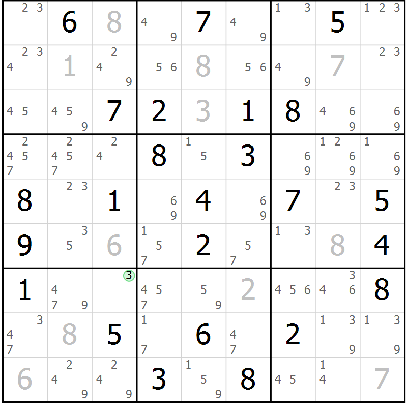 Position des candidats pour la solution de la Gr 83 page 86 du magazine de sudoku Maestro n° 102