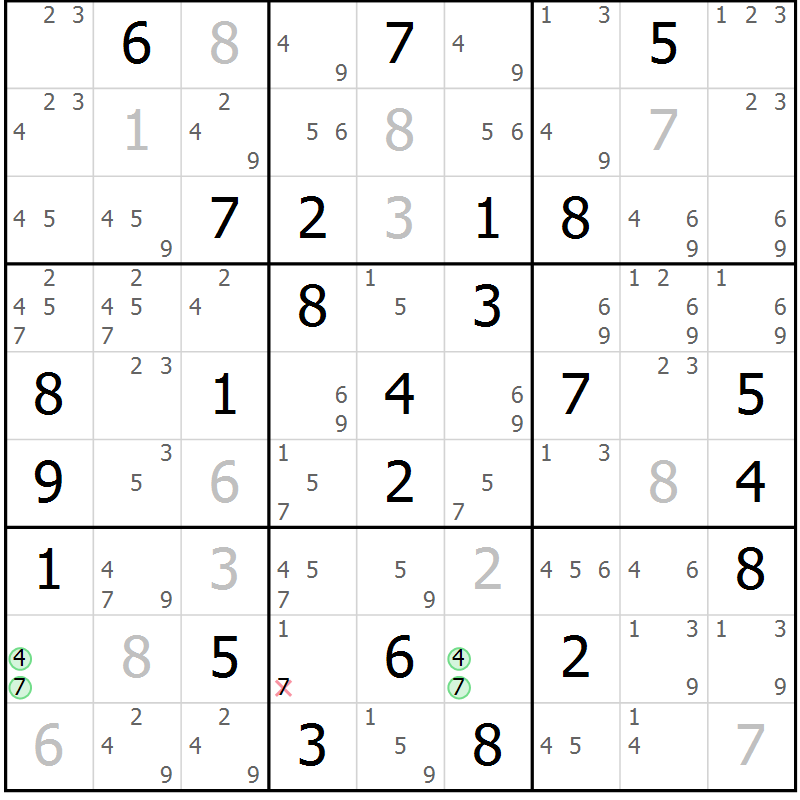 Position des candidats pour la solution de la Gr 83 page 86 du magazine de sudoku Maestro n° 102