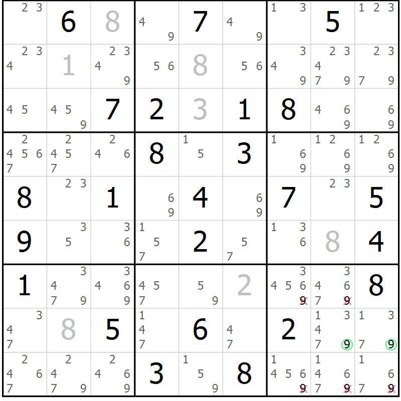 Position des candidats pour la solution de la Gr 83 page 86 du magazine de sudoku Maestro n° 102