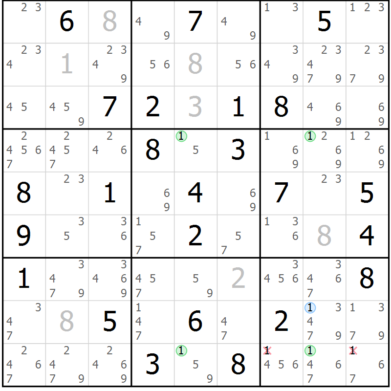Position des candidats pour la solution de la Gr 83 page 86 du magazine de sudoku Maestro n° 102