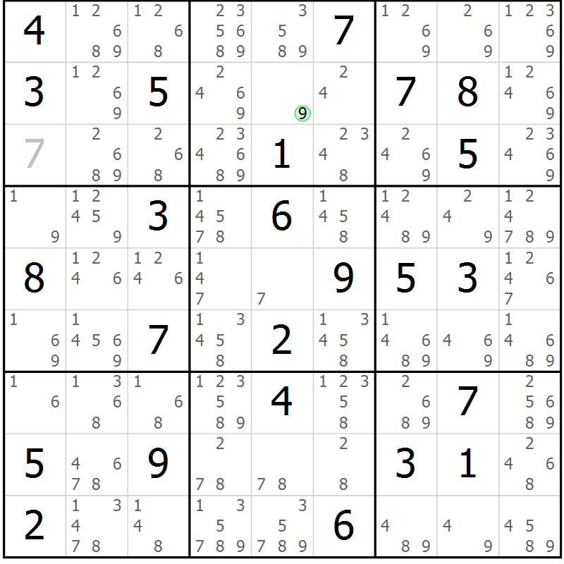 Position des candidats pour la solution de la Gr 84 page 87 du magazine de sudoku Maestro n° 102