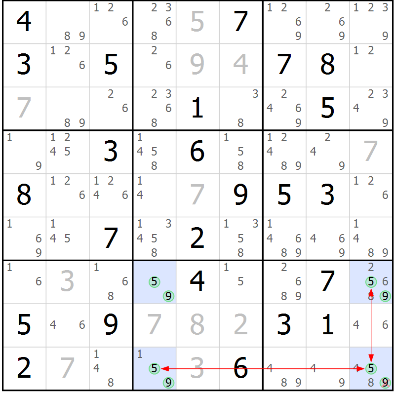 Position des candidats pour la solution de la Gr 84 page 87 du magazine de sudoku Maestro n° 102