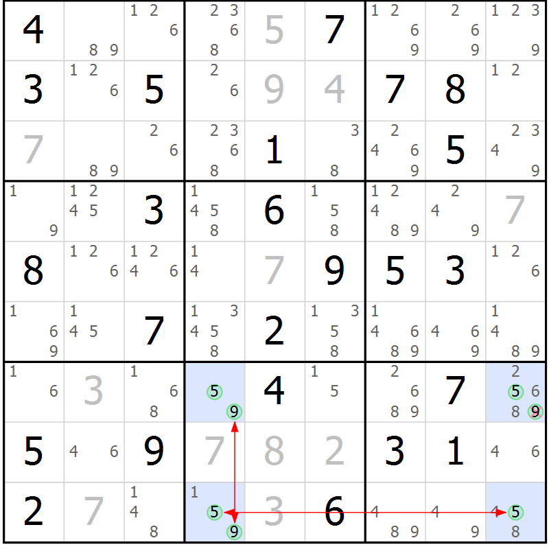 Position des candidats pour la solution de la Gr 84 page 87 du magazine de sudoku Maestro n° 102