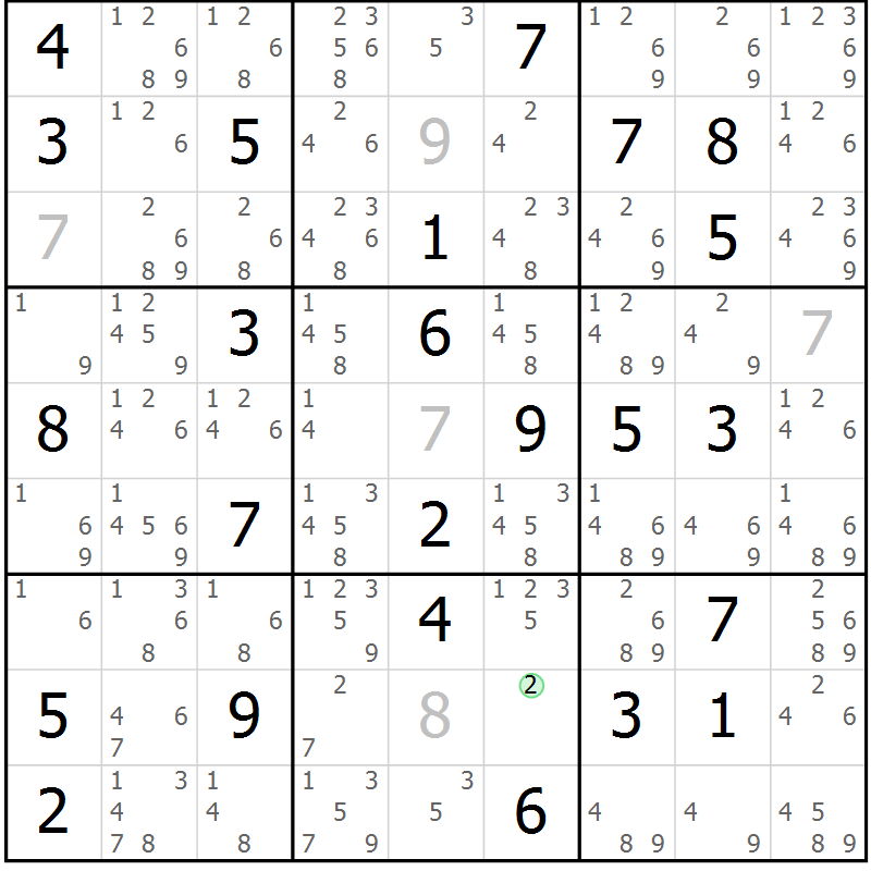 Position des candidats pour la solution de la Gr 84 page 87 du magazine de sudoku Maestro n° 102