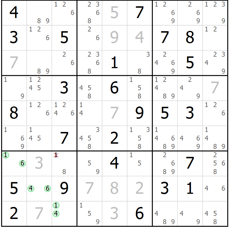 Position des candidats pour la solution de la Gr 84 page 87 du magazine de sudoku Maestro n° 102