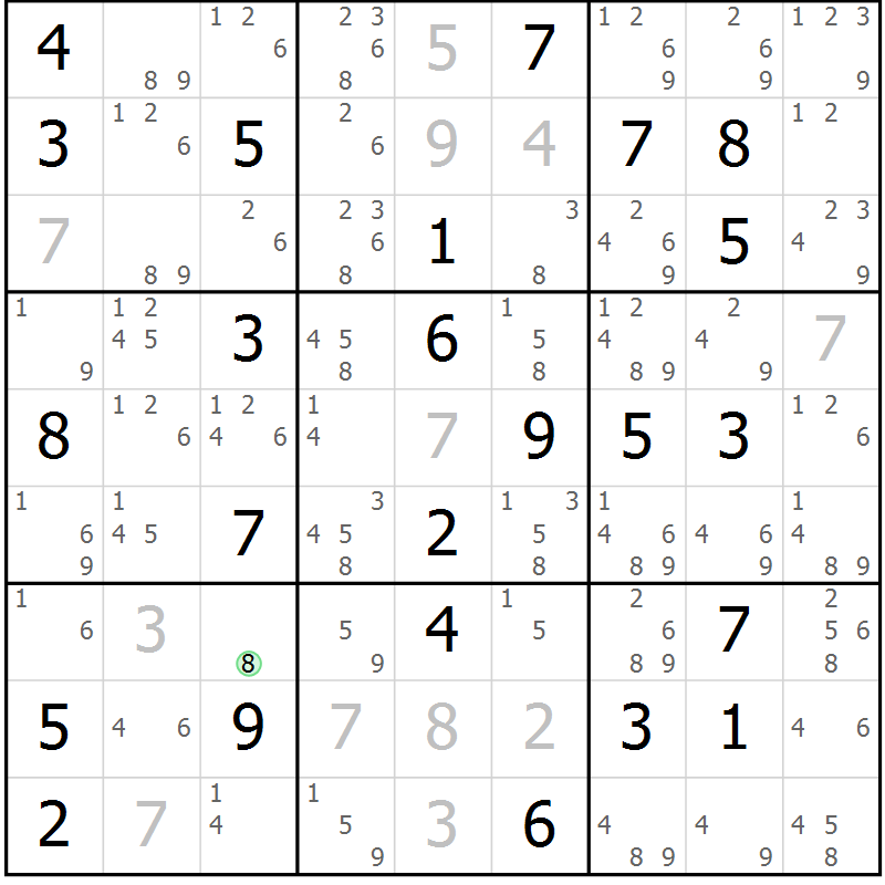 Position des candidats pour la solution de la Gr 84 page 87 du magazine de sudoku Maestro n° 102