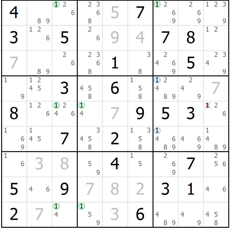Position des candidats pour la solution de la Gr 84 page 87 du magazine de sudoku Maestro n° 102