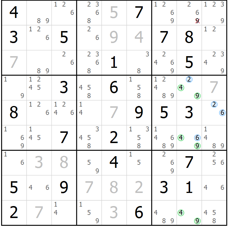 Position des candidats pour la solution de la Gr 84 page 87 du magazine de sudoku Maestro n° 102