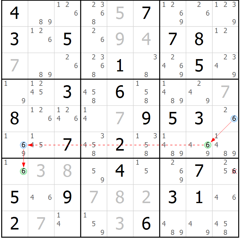 Position des candidats pour la solution de la Gr 84 page 87 du magazine de sudoku Maestro n° 102