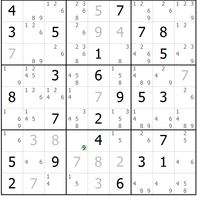 Position des candidats pour la solution de la Gr 84 page 87 du magazine de sudoku Maestro n° 102