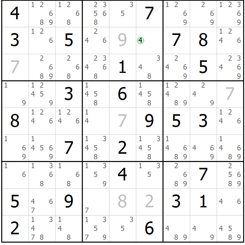 Position des candidats pour la solution de la Gr 84 page 87 du magazine de sudoku Maestro n° 102