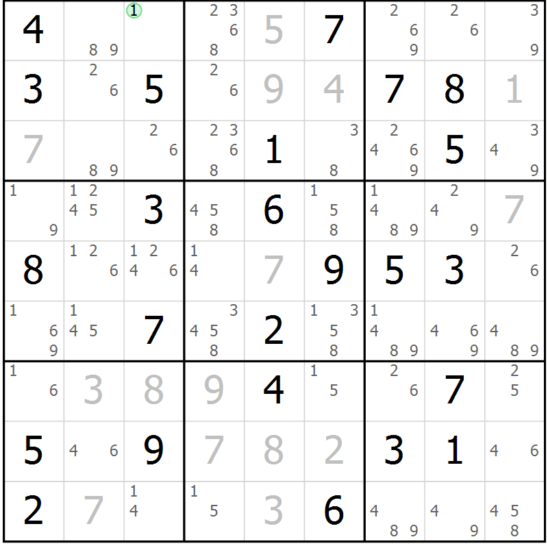 Position des candidats pour la solution de la Gr 84 page 87 du magazine de sudoku Maestro n° 102