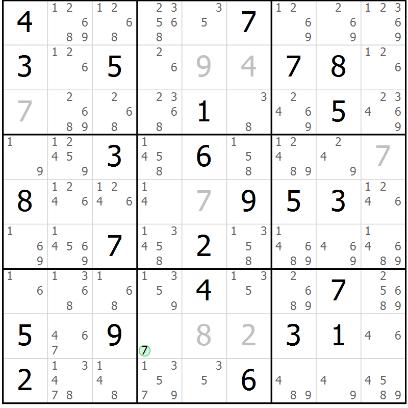 Position des candidats pour la solution de la Gr 84 page 87 du magazine de sudoku Maestro n° 102