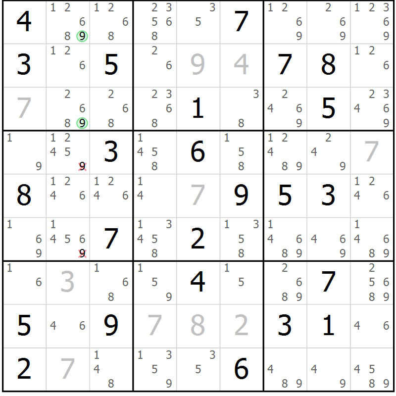 Position des candidats pour la solution de la Gr 84 page 87 du magazine de sudoku Maestro n° 102