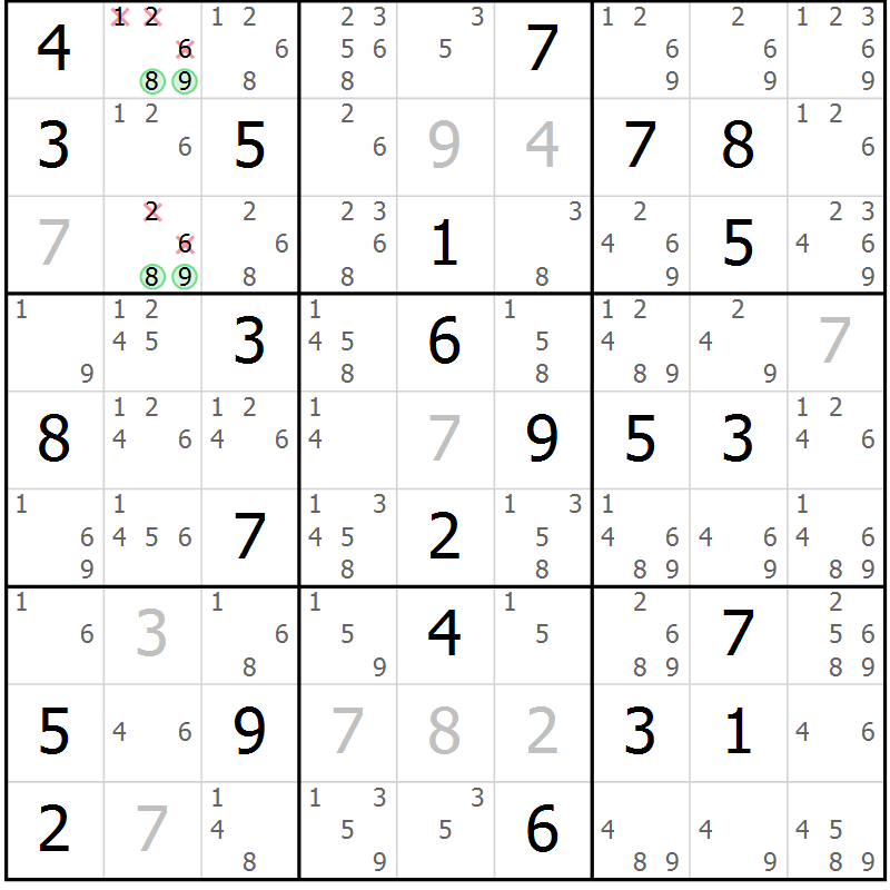 Position des candidats pour la solution de la Gr 84 page 87 du magazine de sudoku Maestro n° 102