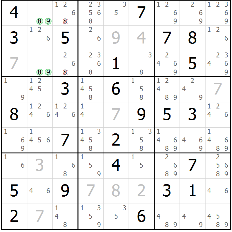 Position des candidats pour la solution de la Gr 84 page 87 du magazine de sudoku Maestro n° 102