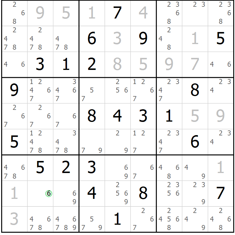 Position des candidats pour la solution de la Gr 9 page 12 du magazine de sudoku Maestro n° 102