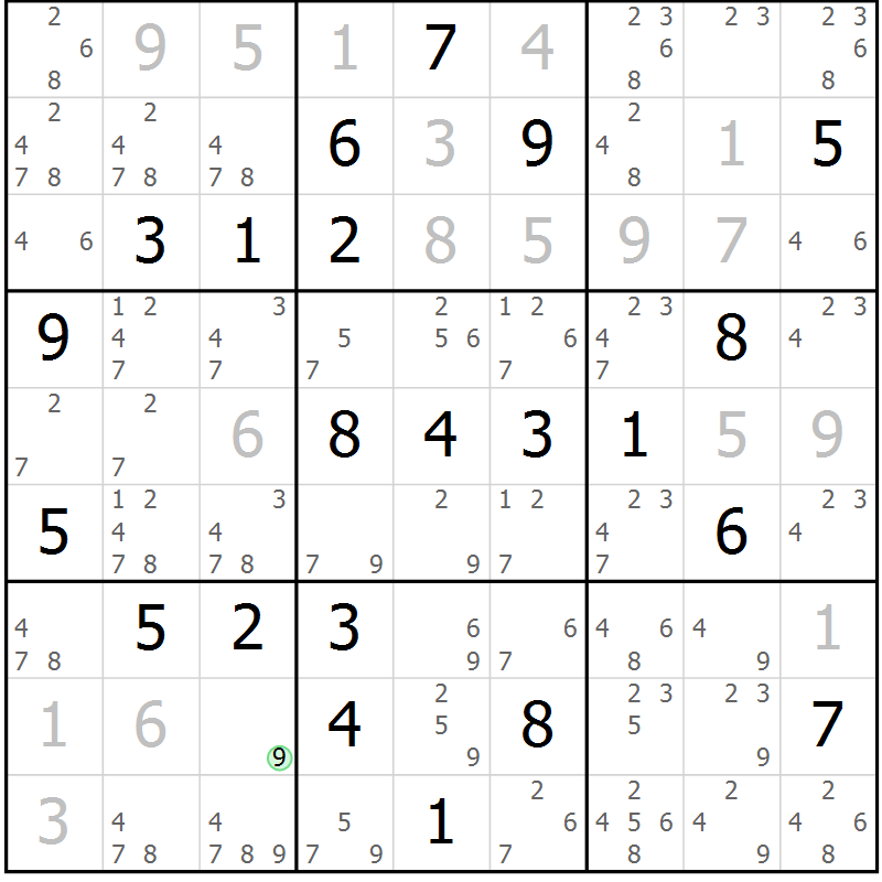 Position des candidats pour la solution de la Gr 9 page 12 du magazine de sudoku Maestro n° 102