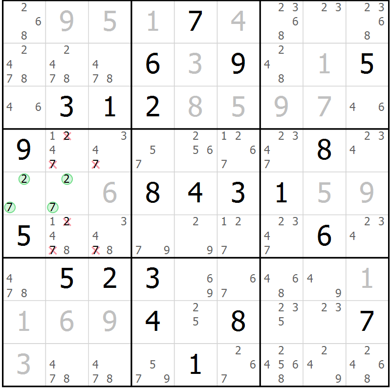 Position des candidats pour la solution de la Gr 9 page 12 du magazine de sudoku Maestro n° 102
