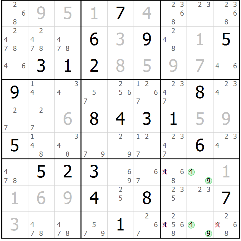 Position des candidats pour la solution de la Gr 9 page 12 du magazine de sudoku Maestro n° 102