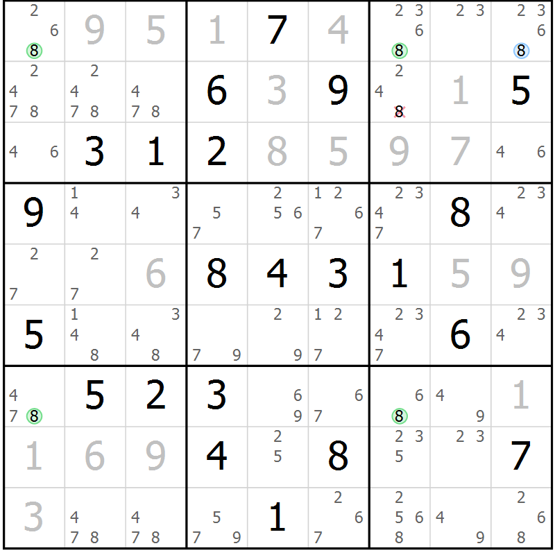 Position des candidats pour la solution de la Gr 9 page 12 du magazine de sudoku Maestro n° 102