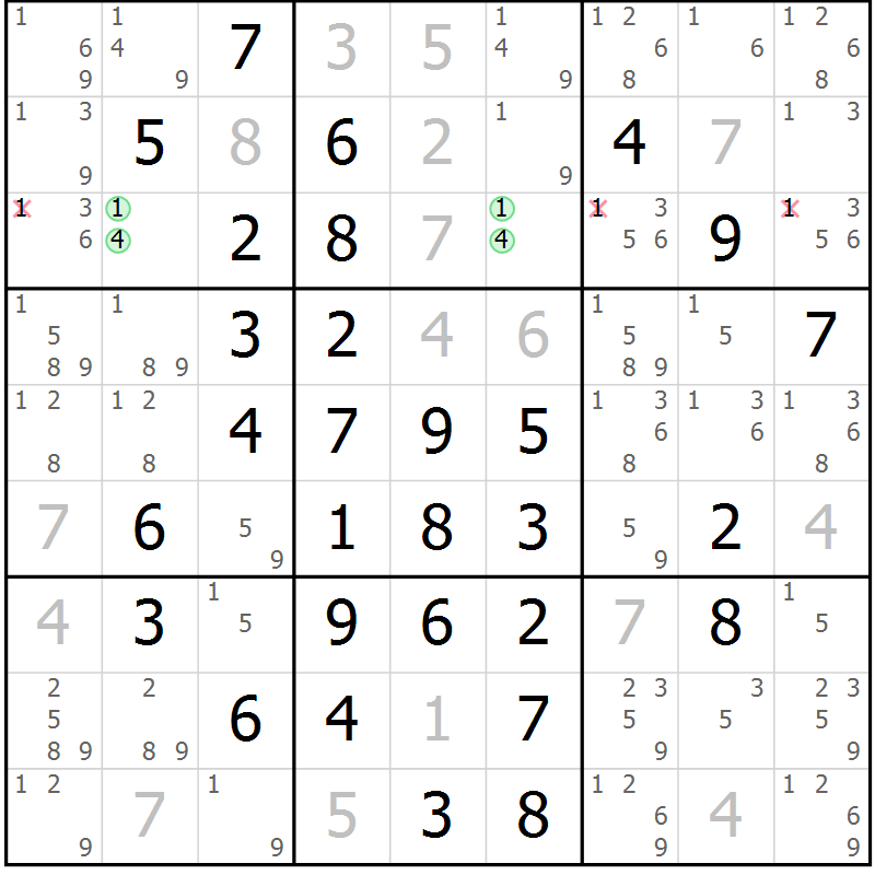 Position des candidats pour la solution de la Gr 11 page 14 du magazine de sudoku Maestro n° 103