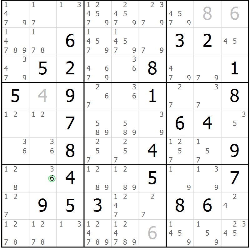 Position des candidats pour la solution de la Gr 16 page 19 du magazine de sudoku Maestro n° 103