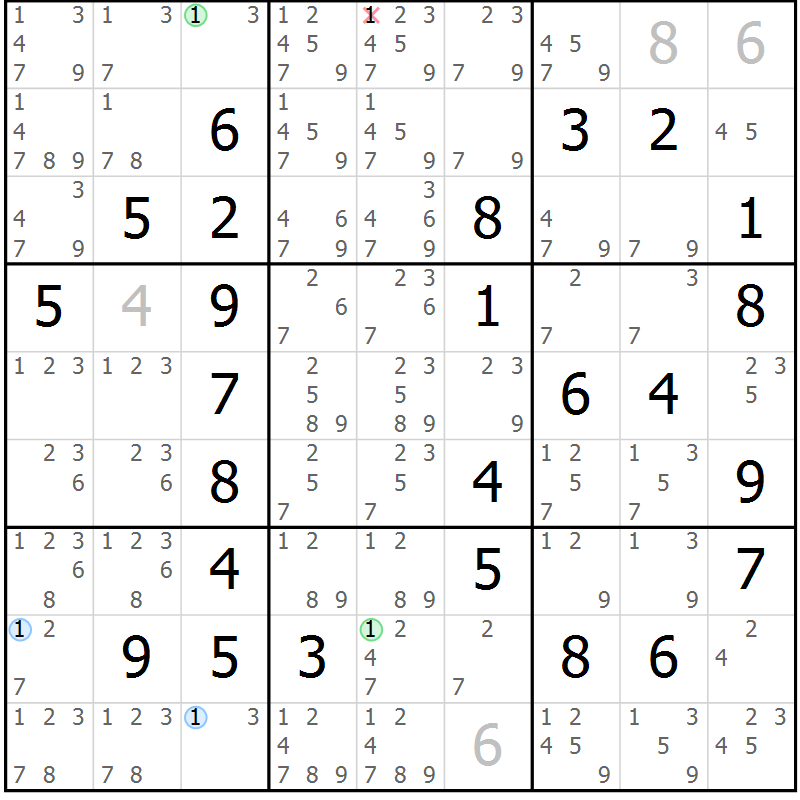 Position des candidats pour la solution de la Gr 16 page 19 du magazine de sudoku Maestro n° 103