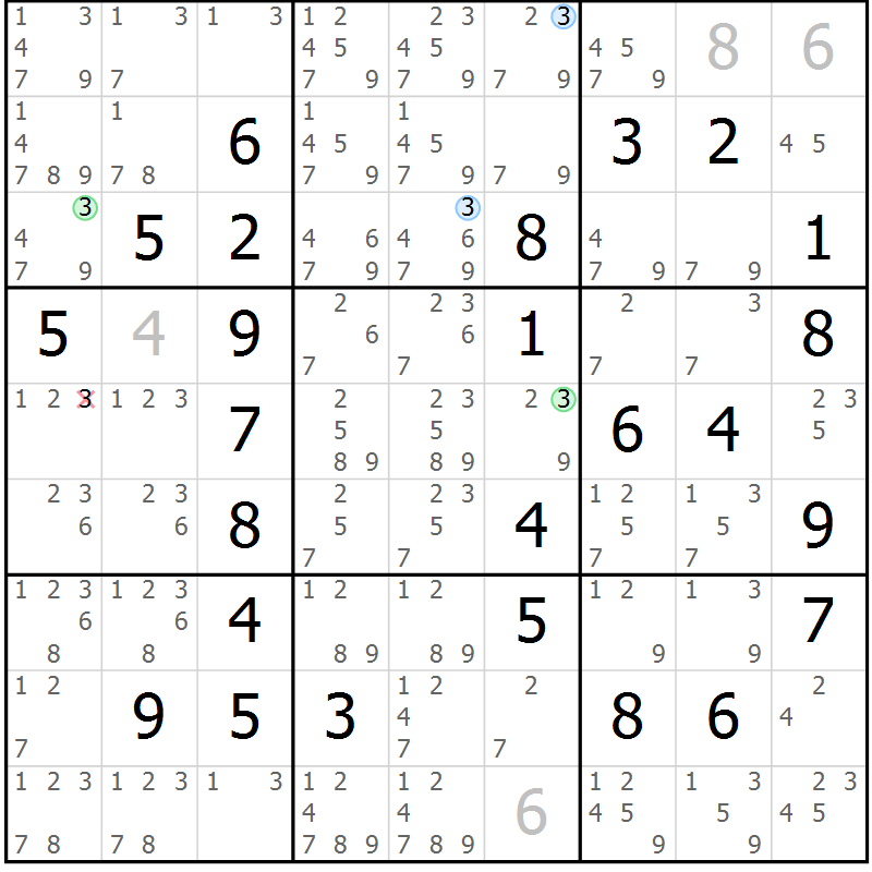 Position des candidats pour la solution de la Gr 16 page 19 du magazine de sudoku Maestro n° 103