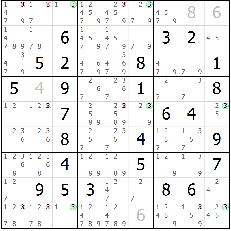 Position des candidats pour la solution de la Gr 16 page 19 du magazine de sudoku Maestro n° 103