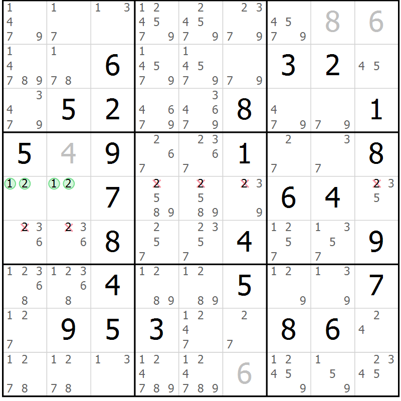 Position des candidats pour la solution de la Gr 16 page 19 du magazine de sudoku Maestro n° 103