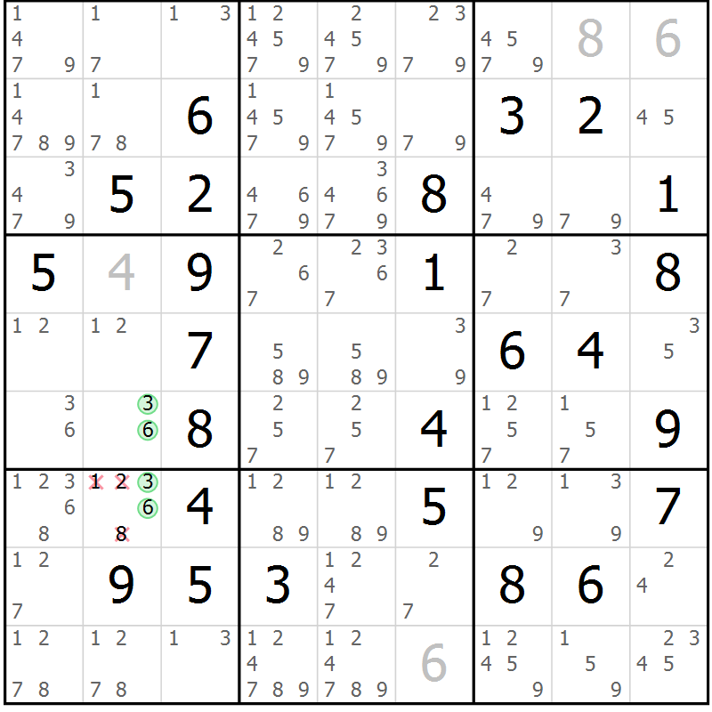 Position des candidats pour la solution de la Gr 16 page 19 du magazine de sudoku Maestro n° 103