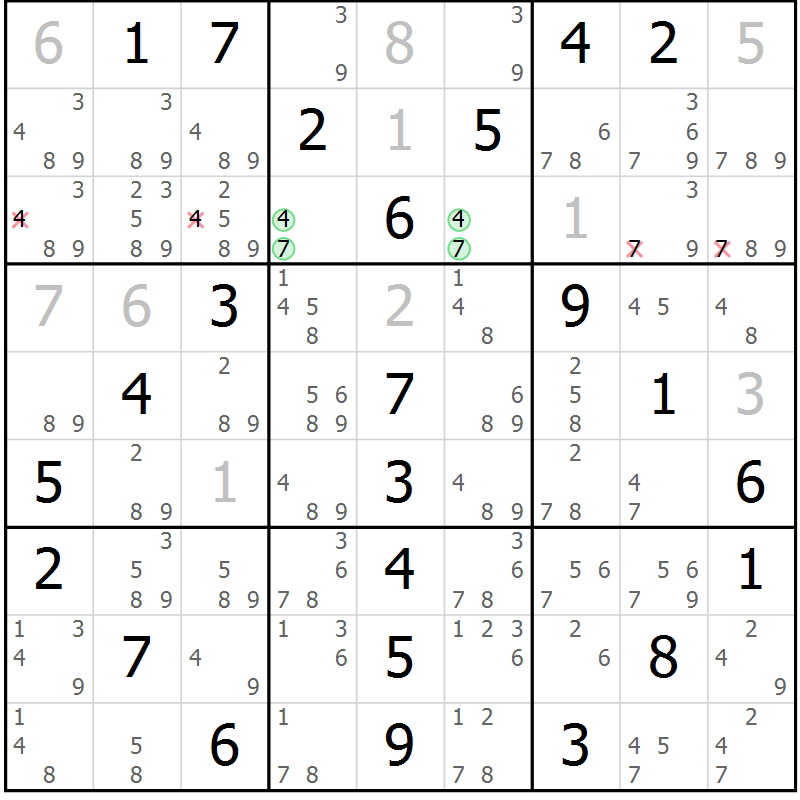 Position des candidats pour la solution de la Gr 18 page 21 du magazine de sudoku Maestro n° 103