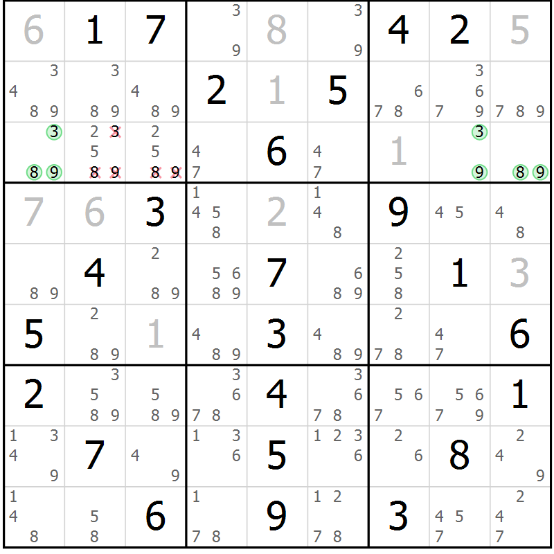 Position des candidats pour la solution de la Gr 18 page 21 du magazine de sudoku Maestro n° 103