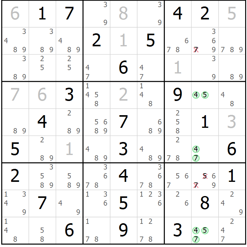 Position des candidats pour la solution de la Gr 18 page 21 du magazine de sudoku Maestro n° 103