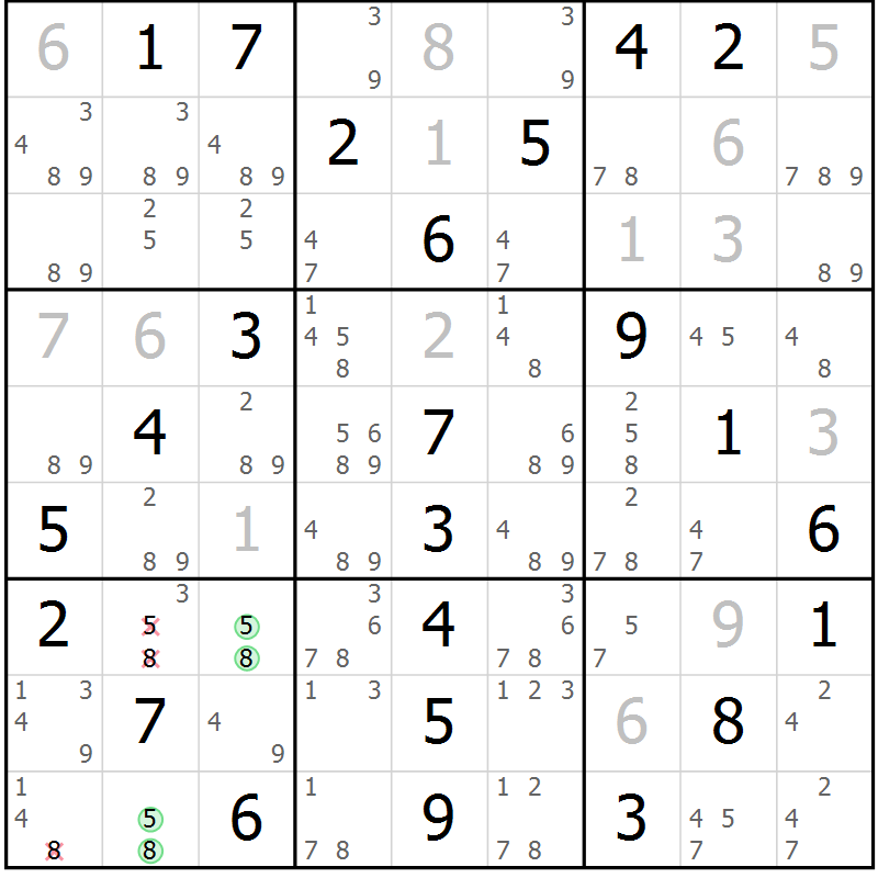 Position des candidats pour la solution de la Gr 18 page 21 du magazine de sudoku Maestro n° 103