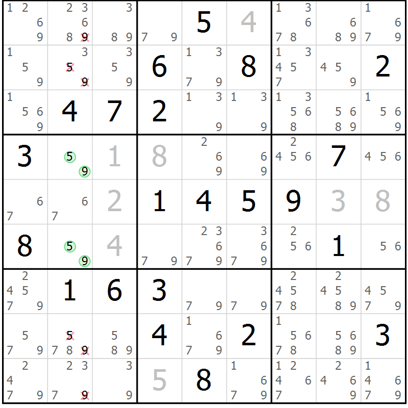 Position des candidats pour la solution de la Gr 2 page 5 du magazine de sudoku Maestro n° 103