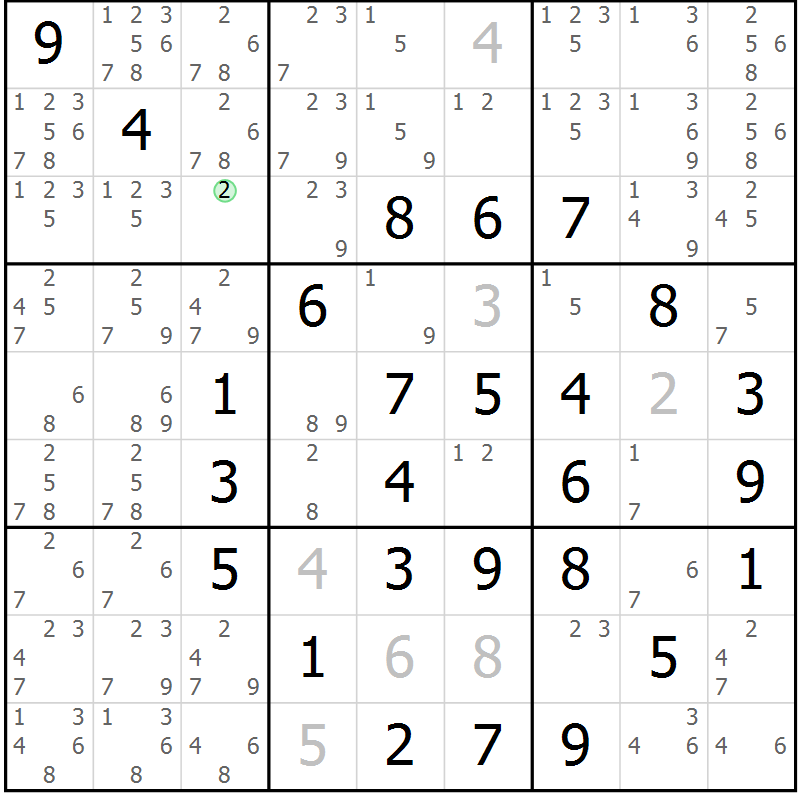 Position des candidats pour la solution de la Gr 20 page 23 du magazine de sudoku Maestro n° 103