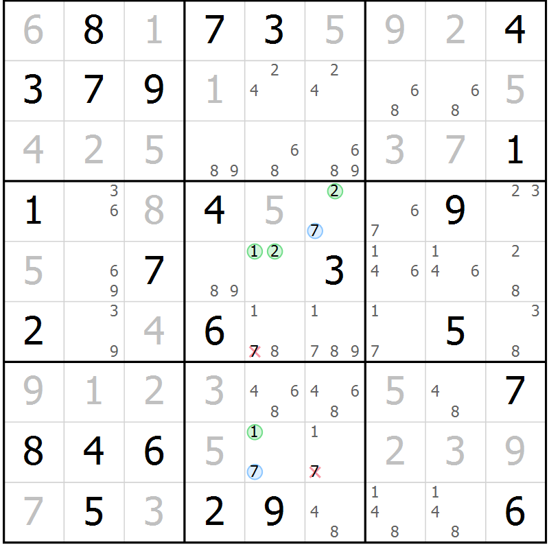 Position des candidats pour la solution de la Gr 21 page 24 du magazine de sudoku Maestro n° 103