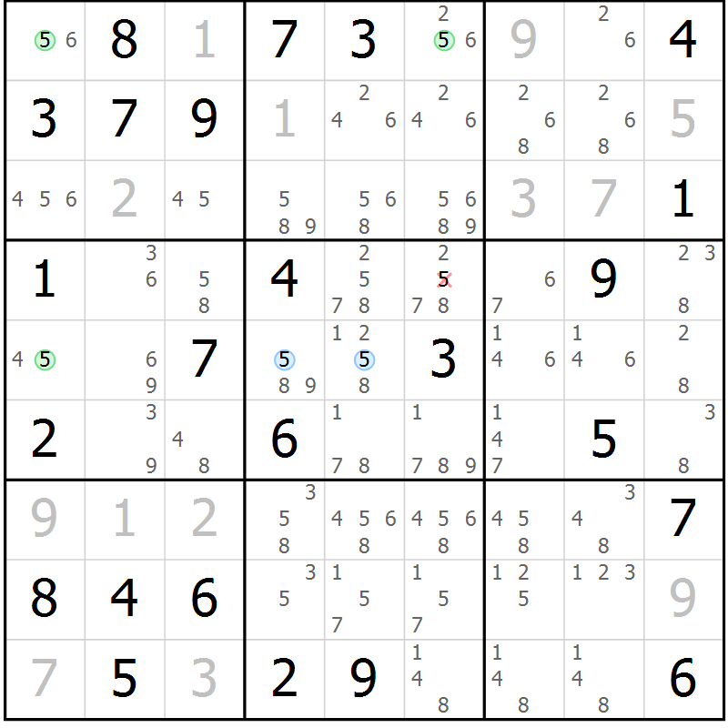Position des candidats pour la solution de la Gr 21 page 24 du magazine de sudoku Maestro n° 103