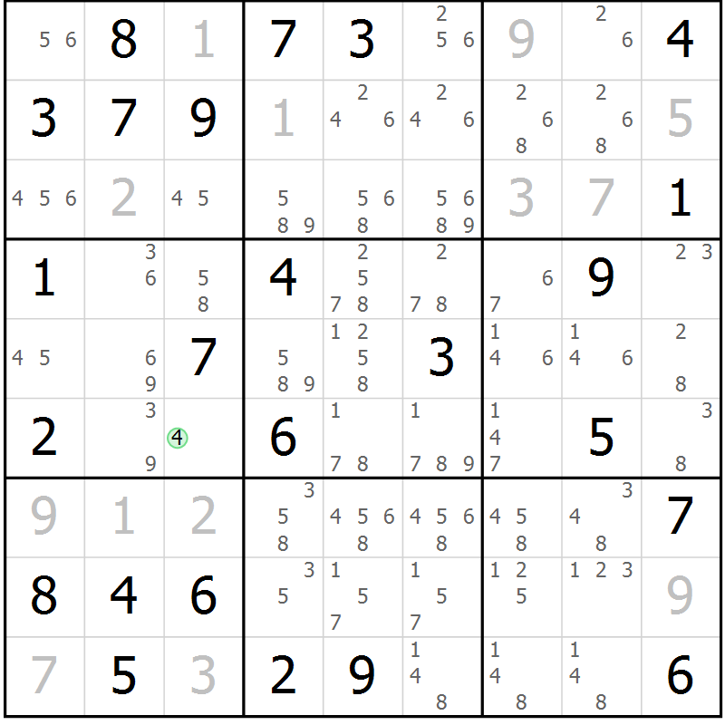 Position des candidats pour la solution de la Gr 21 page 24 du magazine de sudoku Maestro n° 103