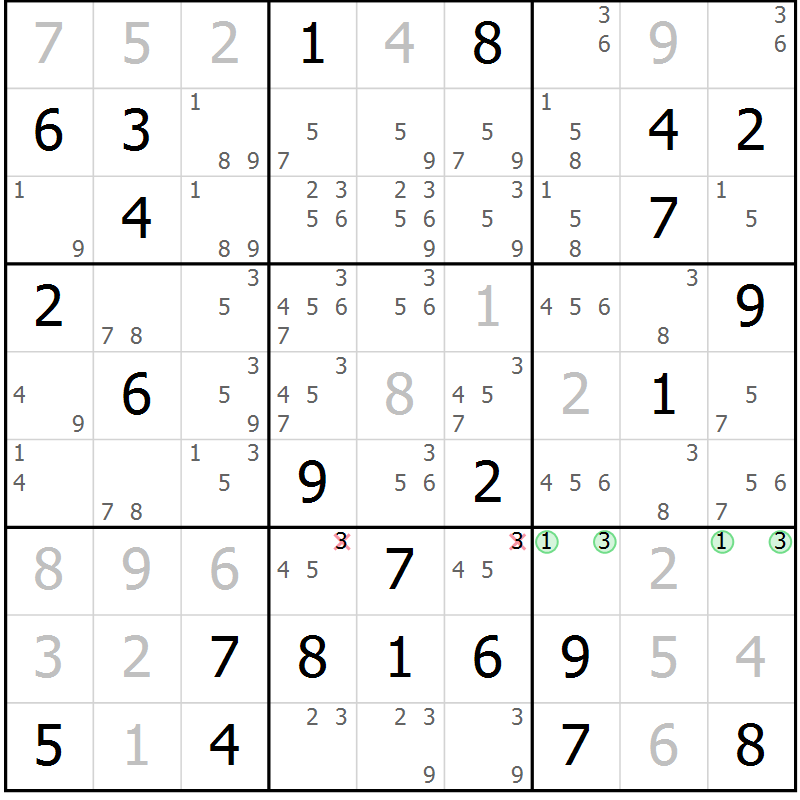 Position des candidats pour la solution de la Gr 22 page 25 du magazine de sudoku Maestro n° 103